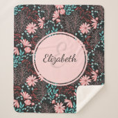 ピンクパーソナライズされた&ティール(緑がかった色)ダークフローラ シェルパブランケット (正面)