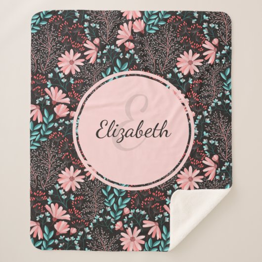 ピンクパーソナライズされた&ティール（緑がかった色）ダークフローラ シェルパブランケット (正面)