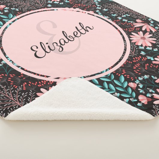 ピンクパーソナライズされた&ティール(緑がかった色)ダークフローラ シェルパブランケット (3/4)