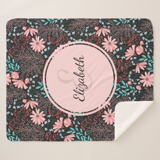 ピンクパーソナライズされた&ティール(緑がかった色)ダークフローラ シェルパブランケット (正面(横))