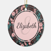 ピンクパーソナライズされた&ティール（緑がかった色）ダークフローラ セラミックオーナメント (左)