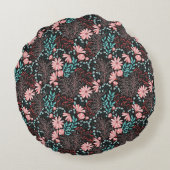 ピンクパーソナライズされた&ティール（緑がかった色）ダークフローラ ラウンドクッション (裏面)
