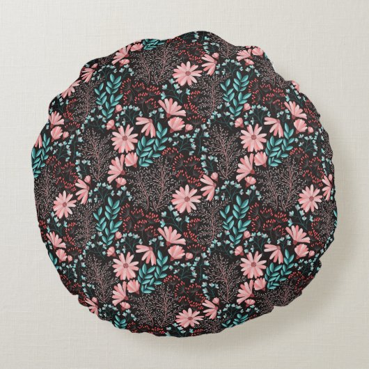 ピンクパーソナライズされた&ティール（緑がかった色）ダークフローラ ラウンドクッション (裏面)
