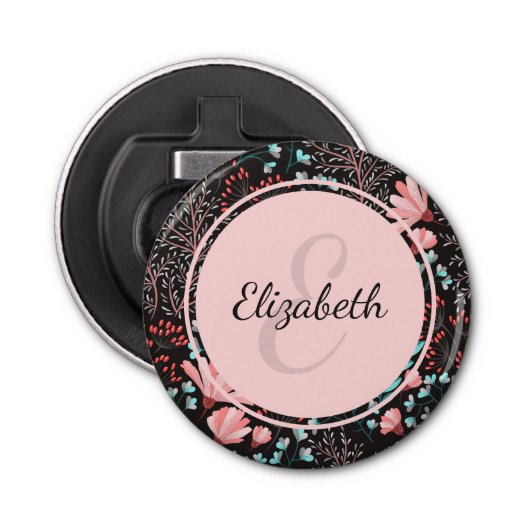 ピンクパーソナライズされた&ティール（緑がかった色）ダークフローラ 栓抜き (正面)