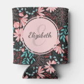 ピンクパーソナライズされた&ティール（緑がかった色）ダークフローラ 缶クーラー (裏面)