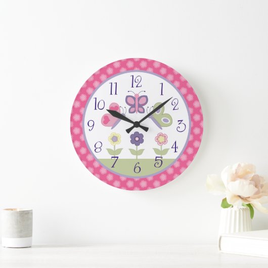 ピンクパーソナライズされた&パープルバタフライ子供部屋時計 ラージ壁時計 (ホーム)
