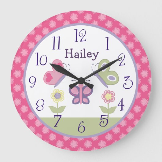 ピンクパーソナライズされた&パープルバタフライ子供部屋時計 ラージ壁時計 (正面)
