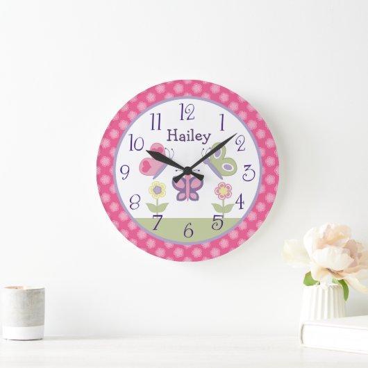 ピンクパーソナライズされた&パープルバタフライ子供部屋時計 ラージ壁時計 (ホーム)