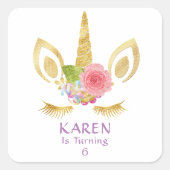 ピンクパーソナライズされた&パープルユニコーン誕生日 スクエアシール (正面)