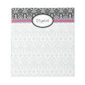 ピンクパーソナライズされた、ブラック、ホワイトフローラダマスク ノートパッド (正面)