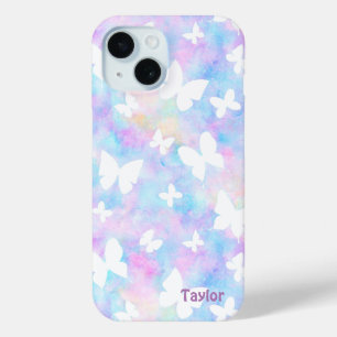 ピンクパーソナライズされた、ブルー、ホワイト蝶 iPhone 15ケース