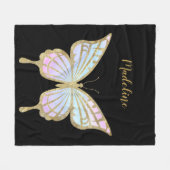 ピンクパーソナライズされた、ブルー、金ゴールド蝶 フリースブランケット (正面(横))