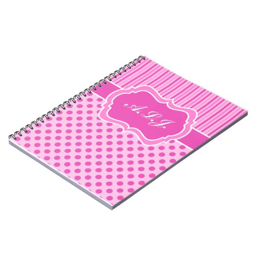 ピンクパーソナライズされた、白のストライプの水玉模様 ノートブック (左側)
