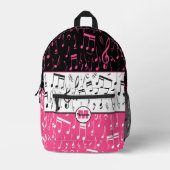ピンクパーソナライズされた、白黒の音楽デザイン プリントバックパック (正面)