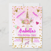 ピンクパーソナライズされた、金ゴールドスターズユニコーン誕生日 招待状 (正面)