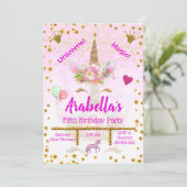 ピンクパーソナライズされた、金ゴールドスターズユニコーン誕生日 招待状 (スタンド正面)