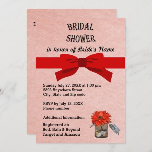 ピンクパーチメントオレンジフラワーインジャーブライダルシャワー 招待状 (正面/裏面)