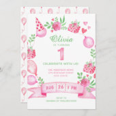 ピンクパーティーガールのファーストバースデー招待状 招待状 (正面/裏面)