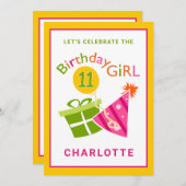 ピンクパーティーガール11誕生日招待状 招待状 (正面/裏面)