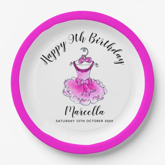 ピンクパーティードレス女の子9th誕生日パーティー ペーパープレート (正面)