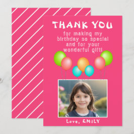 ピンクパーティーバルーン女の子誕生日写真 サンキューカード