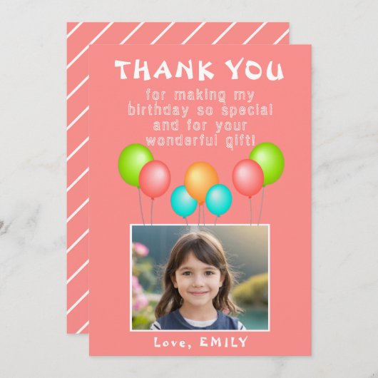 ピンクパーティーバルーン女の子誕生日写真 サンキューカード (正面/裏面)
