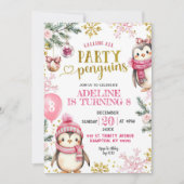 ピンクパーティーペンギンウィンター誕生日招待状 招待状 (正面)