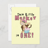 ピンクパーティーモンキー1st誕生日Tシャツとギフト インビテーションポストカード (正面/裏面)