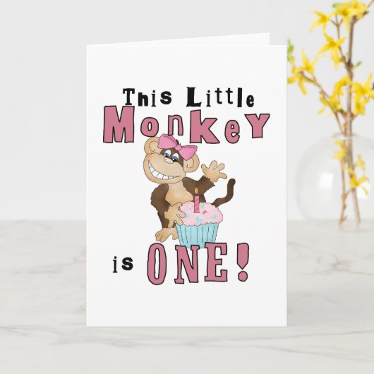 ピンクパーティーモンキー1st誕生日Tシャツとギフト カード (黄色い花)