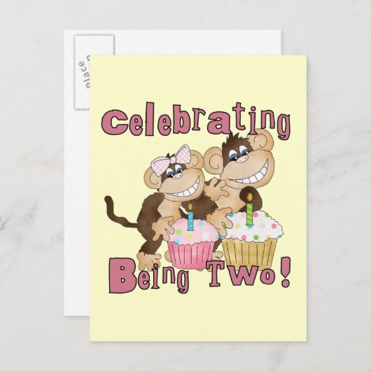 ピンクパーティーモンキー2nd誕生日Tシャツとギフト インビテーションポストカード (正面/裏面)