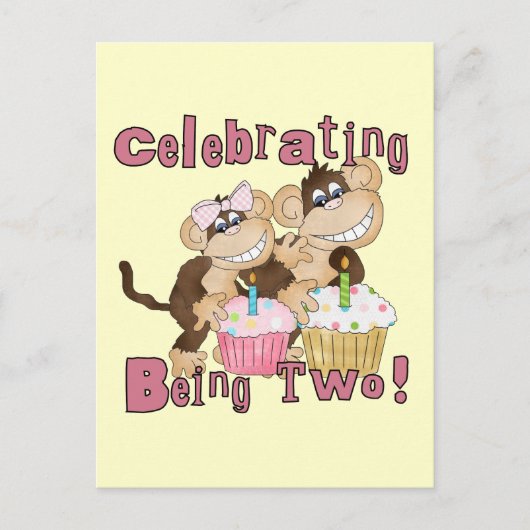 ピンクパーティーモンキー2nd誕生日Tシャツとギフト インビテーションポストカード (正面)