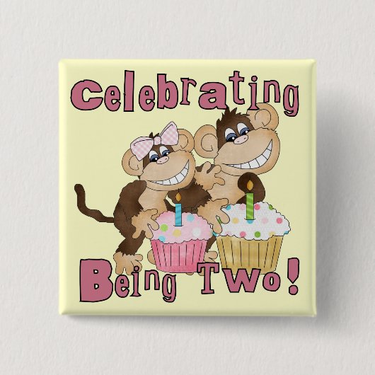 ピンクパーティーモンキー2nd誕生日Tシャツとギフト 缶バッジ (正面)