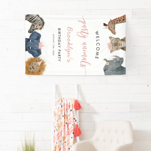 ピンクパーティー動物サファリバースデーパーティーへようこそ 横断幕 (インサイチュ)