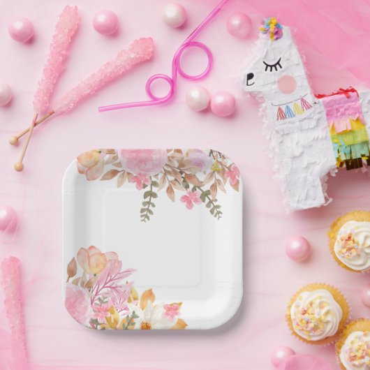 ピンクパーティー水彩フローラ ペーパープレート (パーティー)