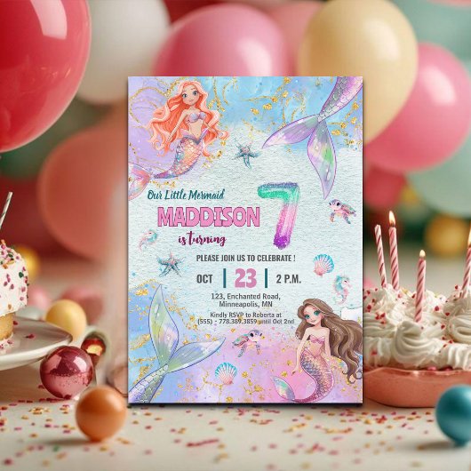 ピンクパープラーのラメ人魚の7歳の誕生日パーティー 招待状