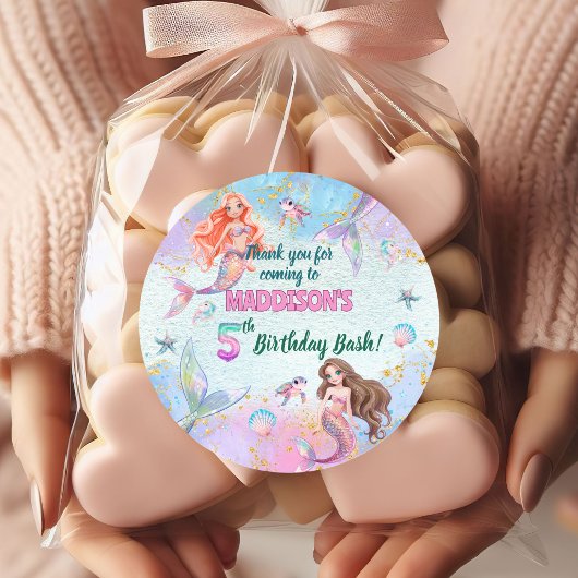 ピンクパープラーのラメ入り人魚の5歳の誕生日パーティー ラウンドシール