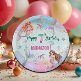 ピンクパープラーのラメ入り人魚の7歳の誕生日パーティー ペーパープレート