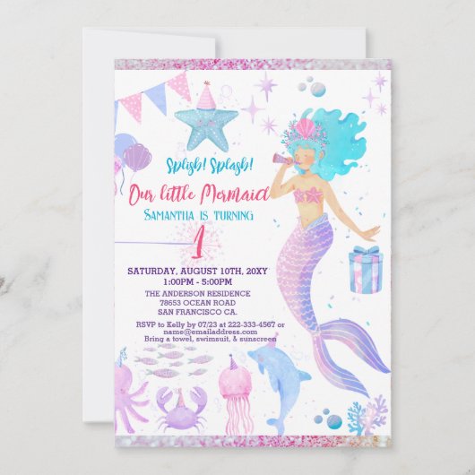 ピンクパープルお洒落ガール1stマーメイド誕生日 招待状 (正面)