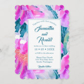 ピンクパープルとティール(緑がかった色)の水彩フローラ結婚の 招待状 (正面/裏面)