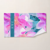 ピンクパープルとティール（緑がかった色）水彩フローラモノグラム バスタオルセット (ハンドタオル)