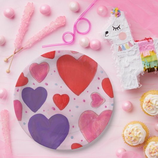 ピンクパープルと赤バレンタインデーのハートパターン ペーパープレート (パーティー)