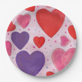 ピンクパープルと赤バレンタインデーのハートパターン ペーパープレート