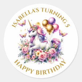 ピンクパープルと金ゴールドユニコーン誕生日 パーソナライズされた ラウンドシール