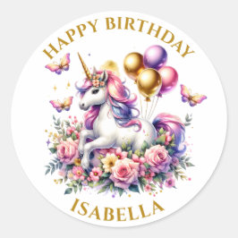 ピンクパープルと金ゴールドユニコーン誕生日 パーソナライズされた ラウンドシール