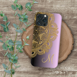 ピンクパープルのカスタムゴールドマンダラアートパターン iPhone 16 PRO MAXケース