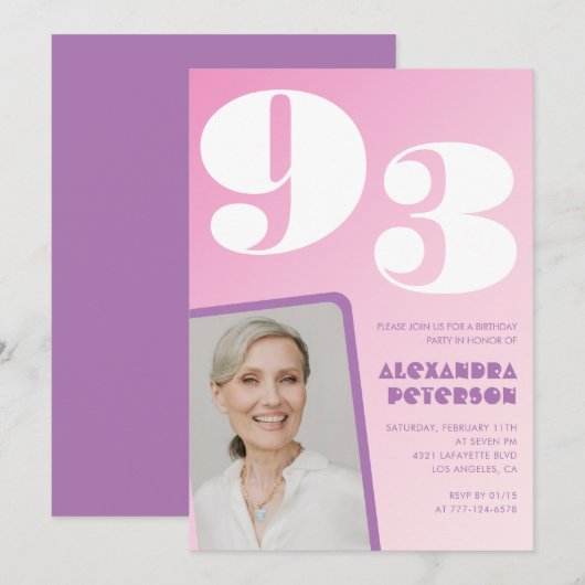 ピンクパープルのグラデーション写真 93歳の誕生日 招待状 (正面/裏面)