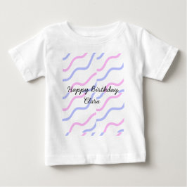 ピンクパープルのストライプのハッピーバースデー 名前入り ベビーTシャツ