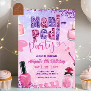 ピンクパープルのスパンコールMANI+PEDiパーティー 誕生日 招待状