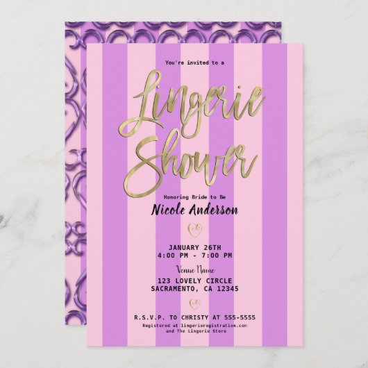 ピンクパープルのツイステッドハーツ シックなランジェリーシャワー 招待状 (正面/裏面)