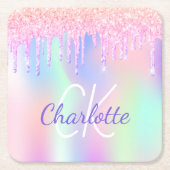 ピンクパープルのドリップがホログラフィックな誕生日 スクエアペーパーコースター (正面)